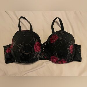 Torrid Black Bra with Pink Rose and Spiderweb Design